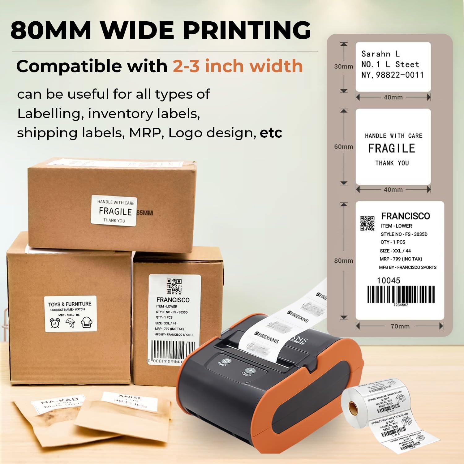 SHREYANS (SRS80D) 80mm - 3 Inch Portable Bluetooth Barcode Label + Receipt Printer with 250 Labels