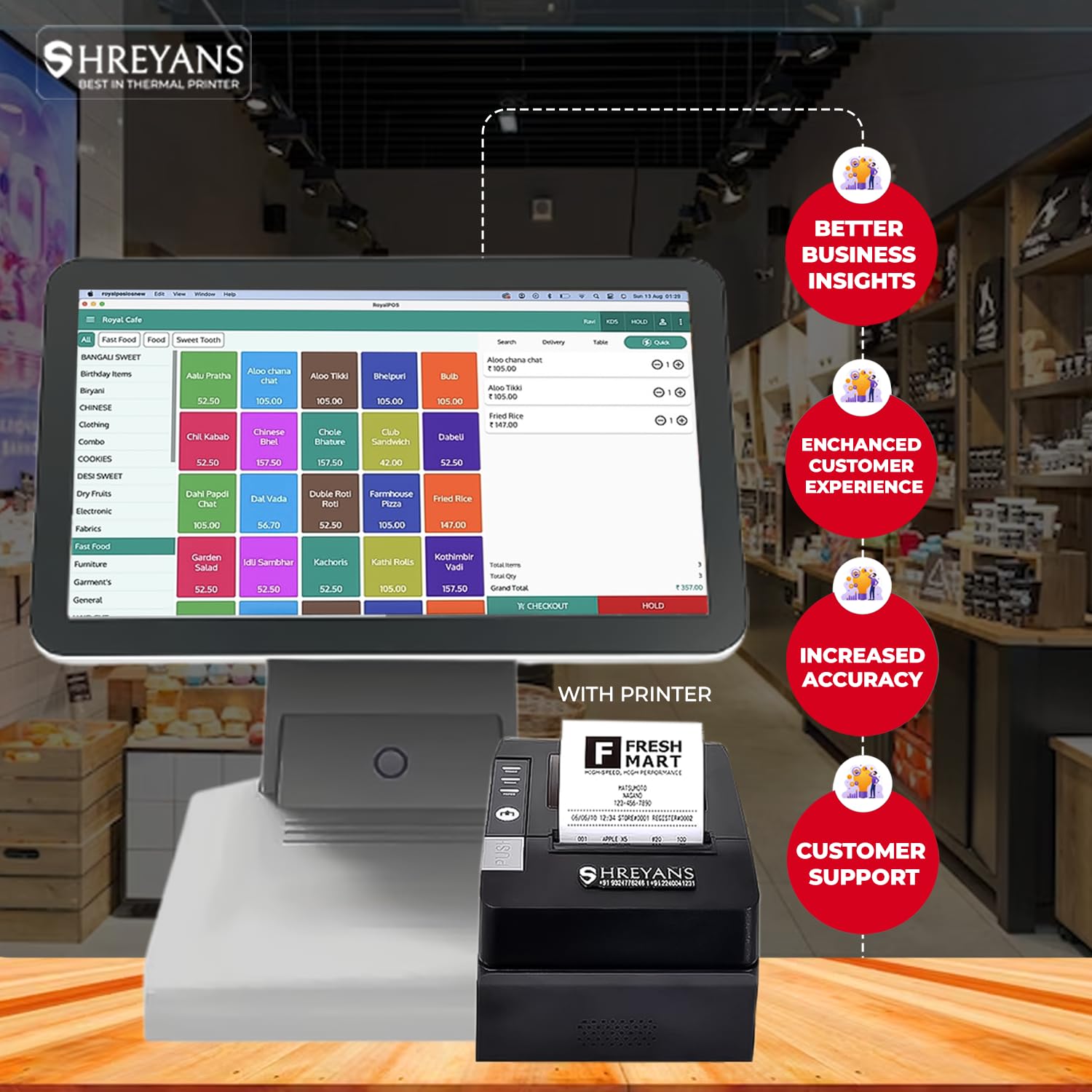 15.60 Inch Quick Billing POS for Restaurants & Retailers with 80mm Auto-Cutter Desktop Printer & Free Premium Billing Software (1 Year Warranty)